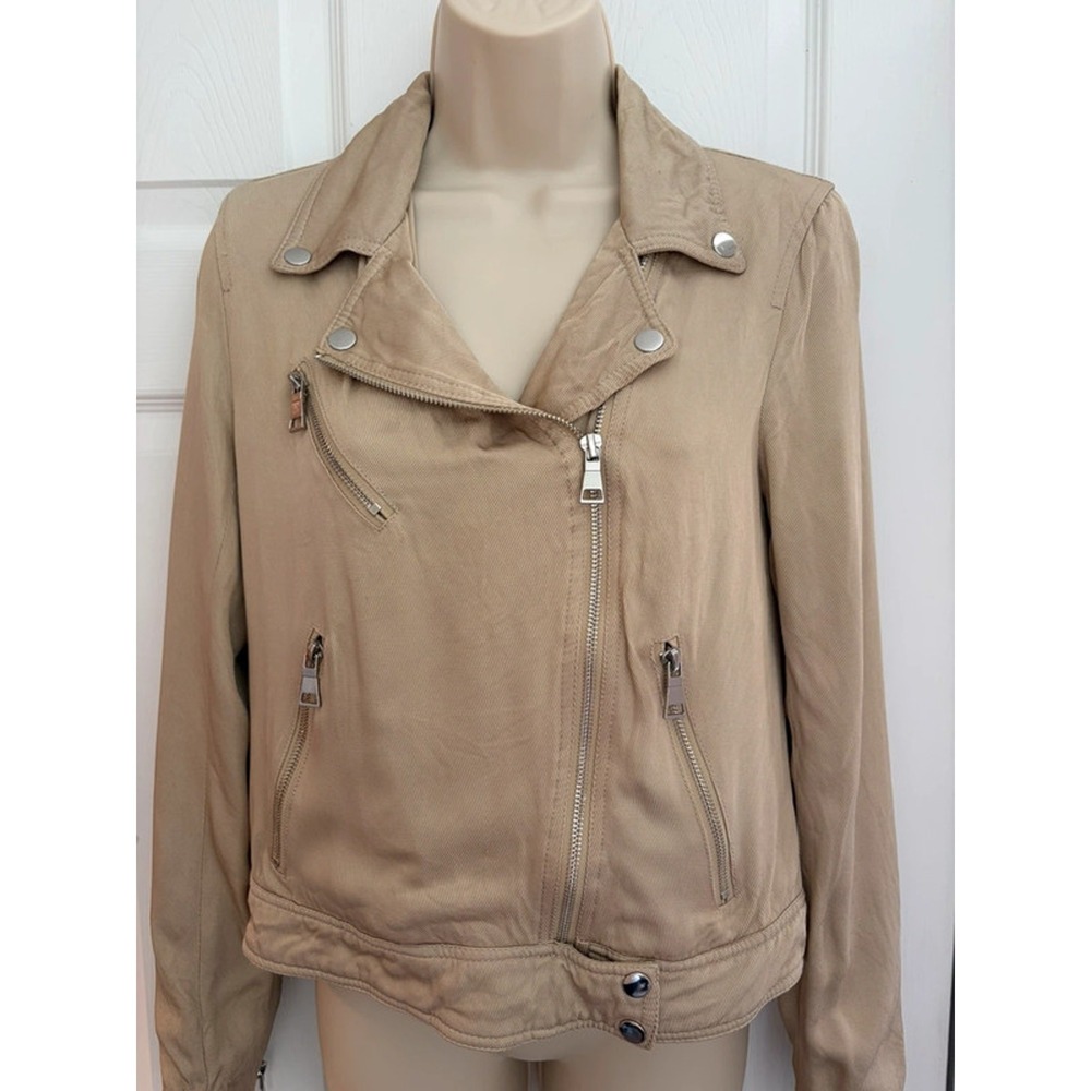 Elie Tahari Moto Jacket Beige Stretch Zip Cropped Womens S Biker Luxury
